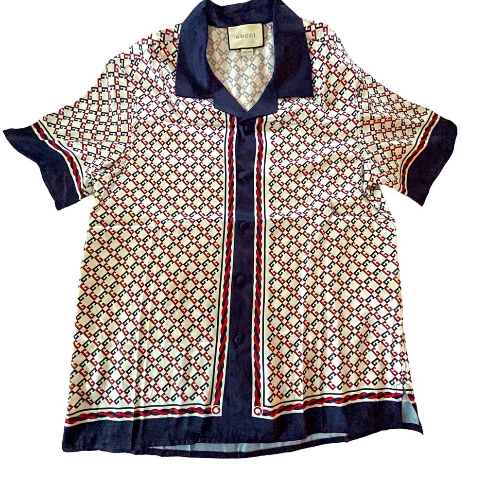 Mens GG Print Silk Button Down Short Sleeve Shirt Pristine Condition Size Large